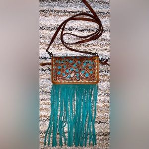 Leather Tooled Fringed Crossbody